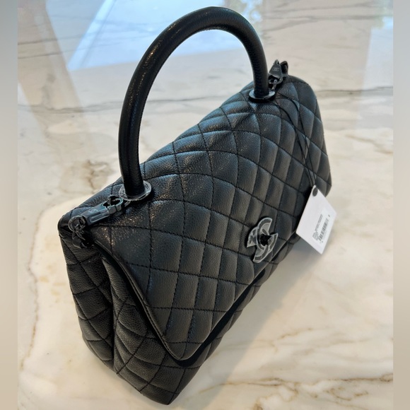 CHANEL 20A RARE BLACK ON BLACK MEDIUM FLAP BAG WITH HANDLE NWTS! - Picture 11 of 17